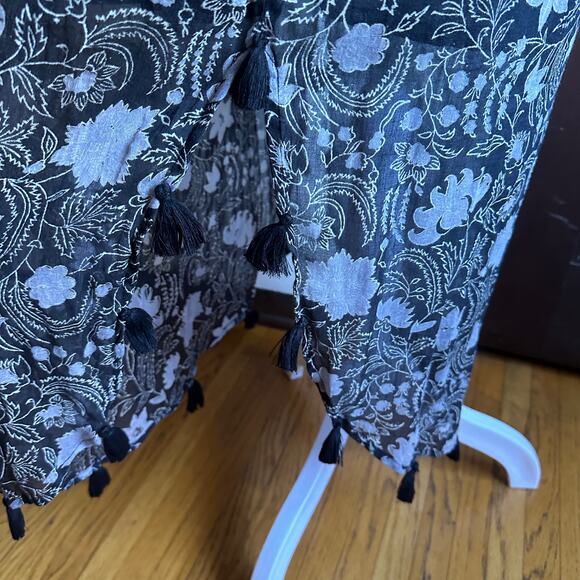 BANJANAN | Black Floral Smocked Bodice Curved Hem Tassle Dress | Sz XS - Picture 6 of 8